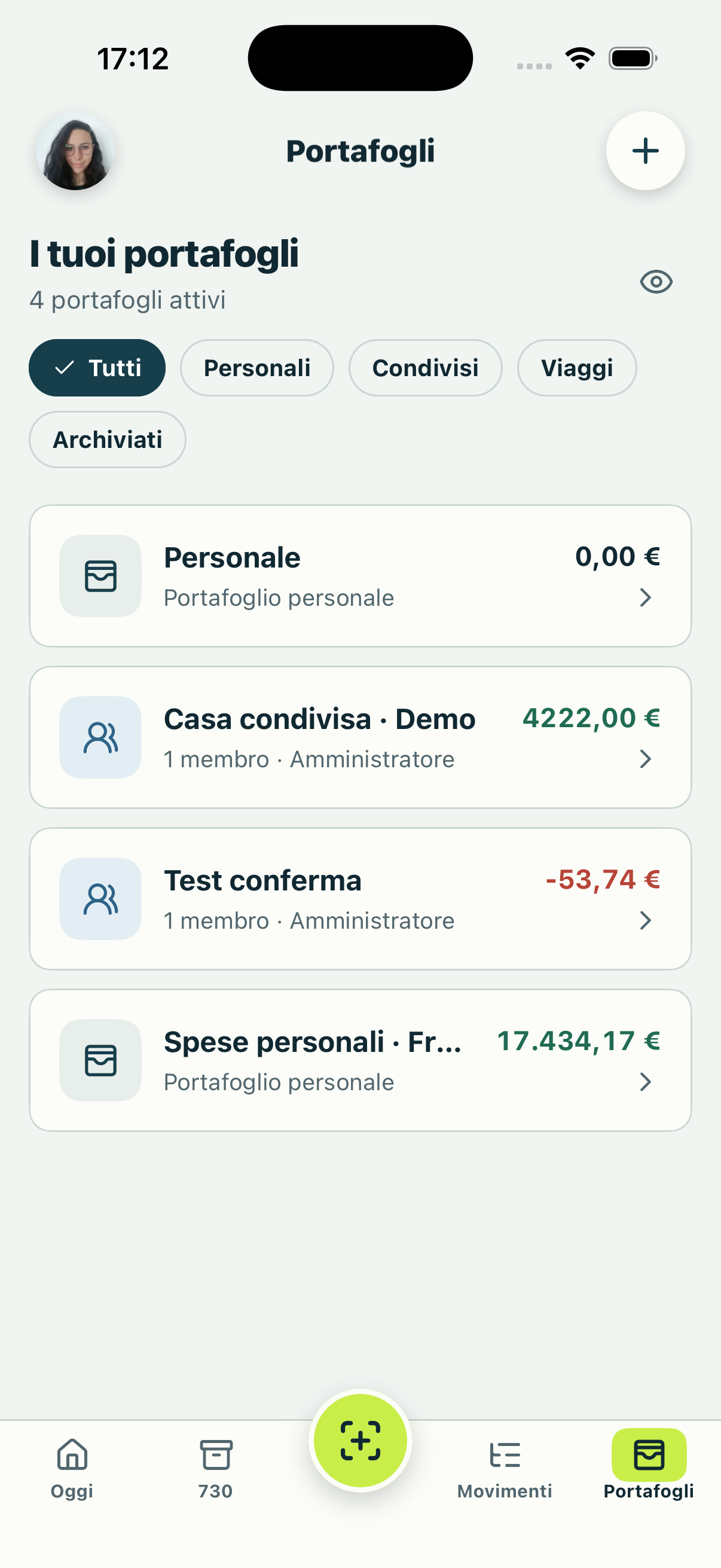 Elenco dei portafogli personali e condivisi nel redesign di Poppie